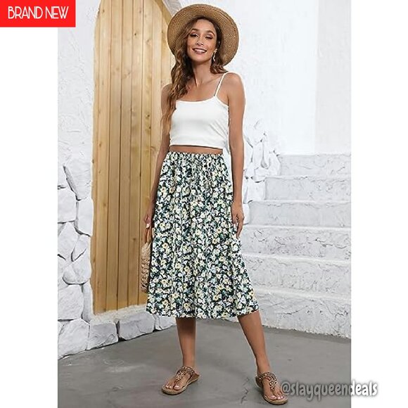 Flowy Midi Skirt High Waist Elastic A-Line with Pockets Boho Chic - Picture 5 of 8